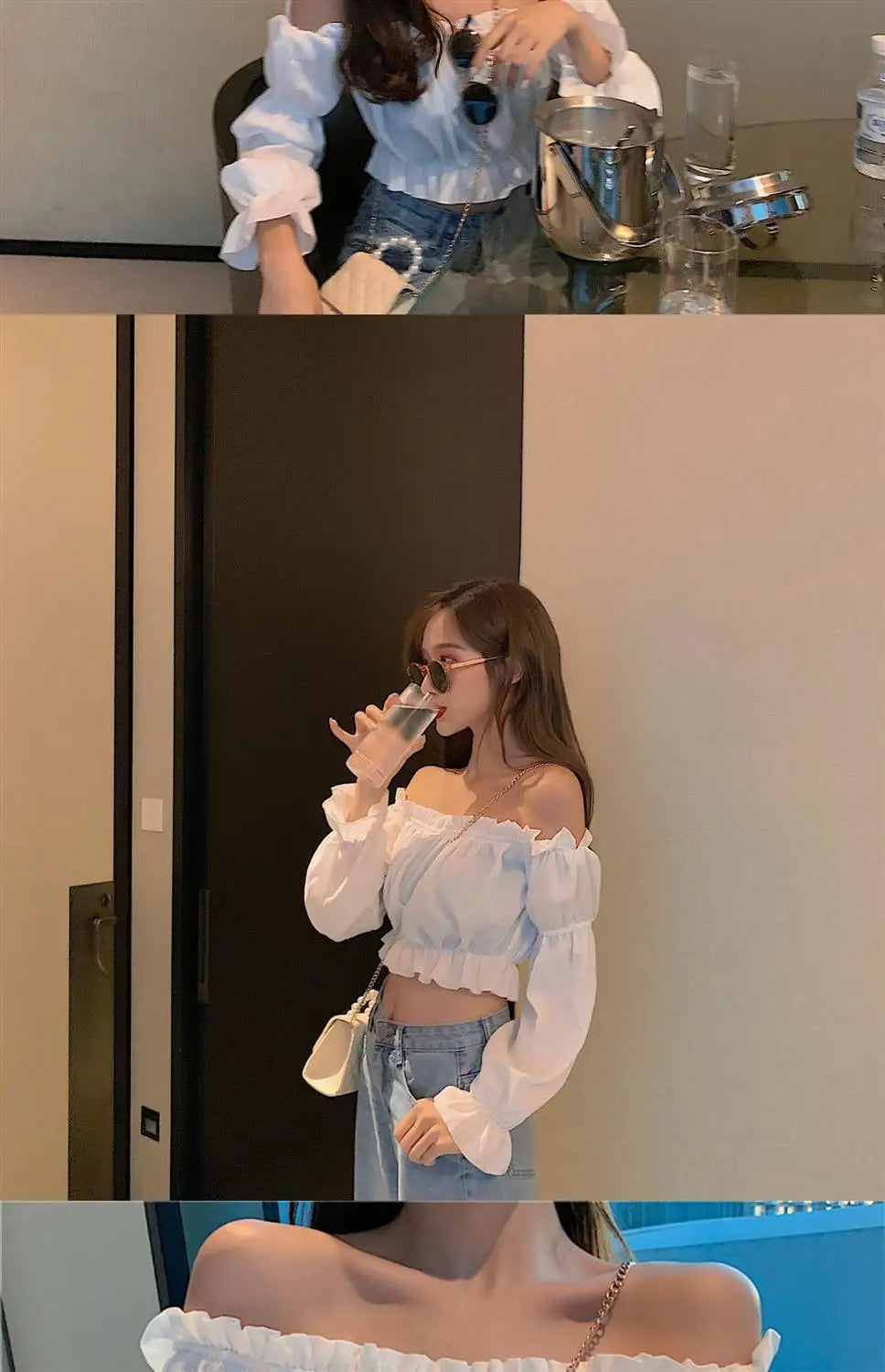 Elegant Off-Shoulder Puff Sleeve Blouse - White Ruffle Crop Top for Party & Club