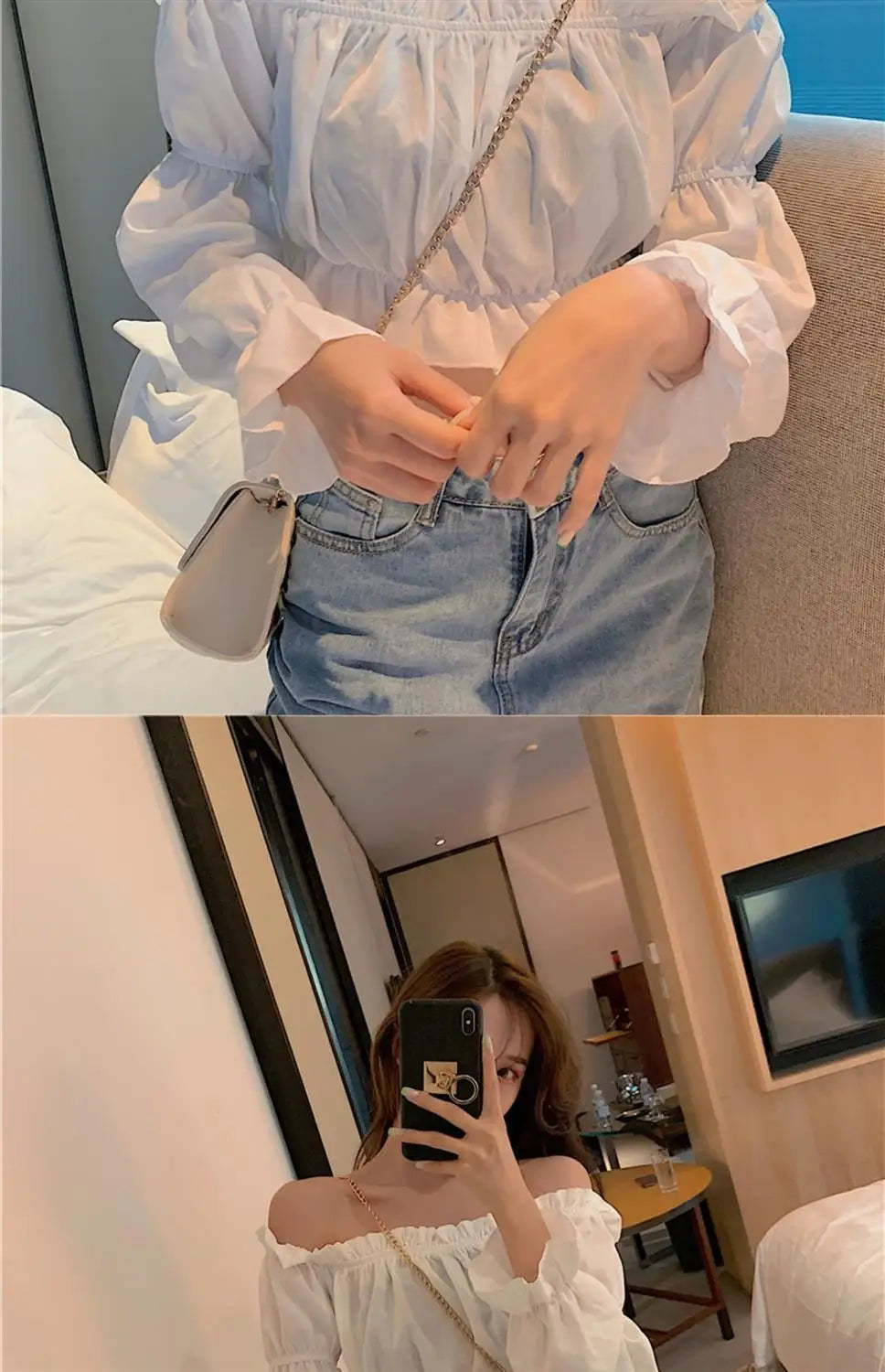 Elegant Off-Shoulder Puff Sleeve Blouse - White Ruffle Crop Top for Party & Club