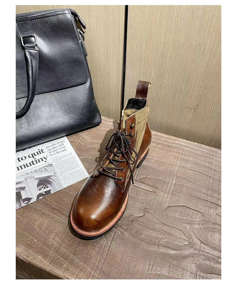 New Brown Boots for Men Black Business Handmade Men's Short Boots Round Toe Slip-On Ankle Boots Motorcycle Boots Combat Boots