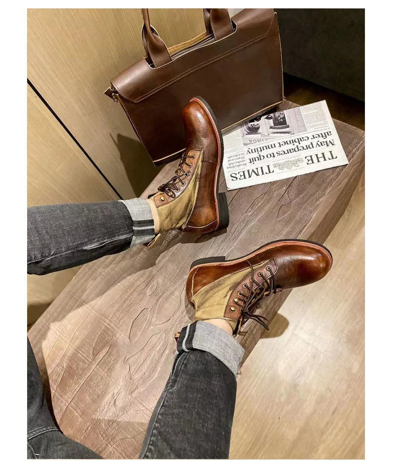 New Brown Boots for Men Black Business Handmade Men's Short Boots Round Toe Slip-On Ankle Boots Motorcycle Boots Combat Boots