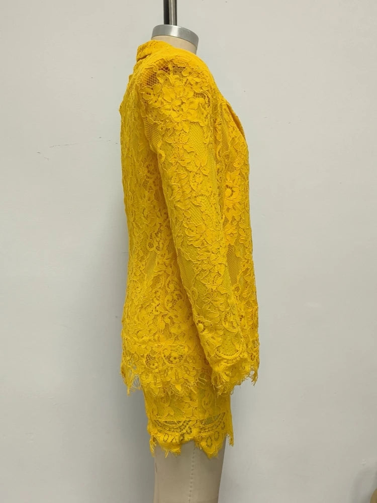 Women Lace Suit 3 Piece Set Sexy Yellow Short Top + Single Button Blazer + Shorts Sets Jacket Coat Suits Party Evening Cocktail