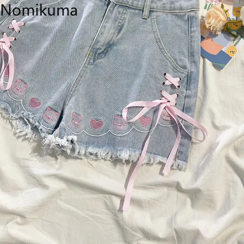 Japanese Denim Shorts Women 2025 New Bottoms Hig Waist Embroidery Bandage Pants Tunic Cute Shorts Pantalones Cortos De Mujer