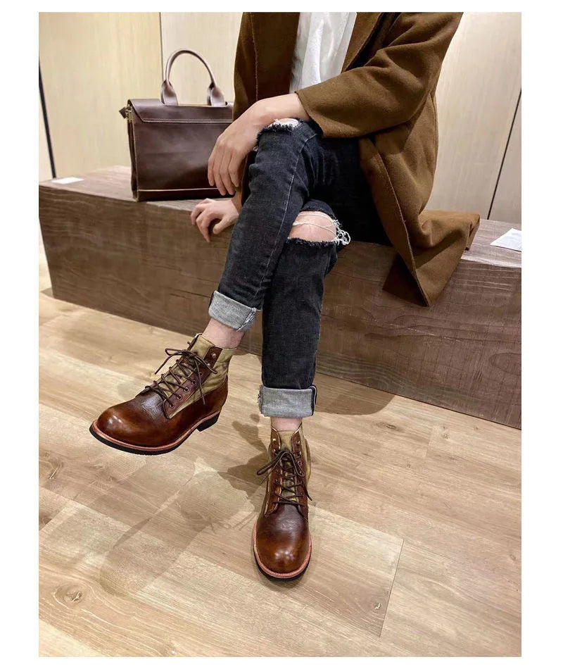 New Brown Boots for Men Black Business Handmade Men's Short Boots Round Toe Slip-On Ankle Boots Motorcycle Boots Combat Boots