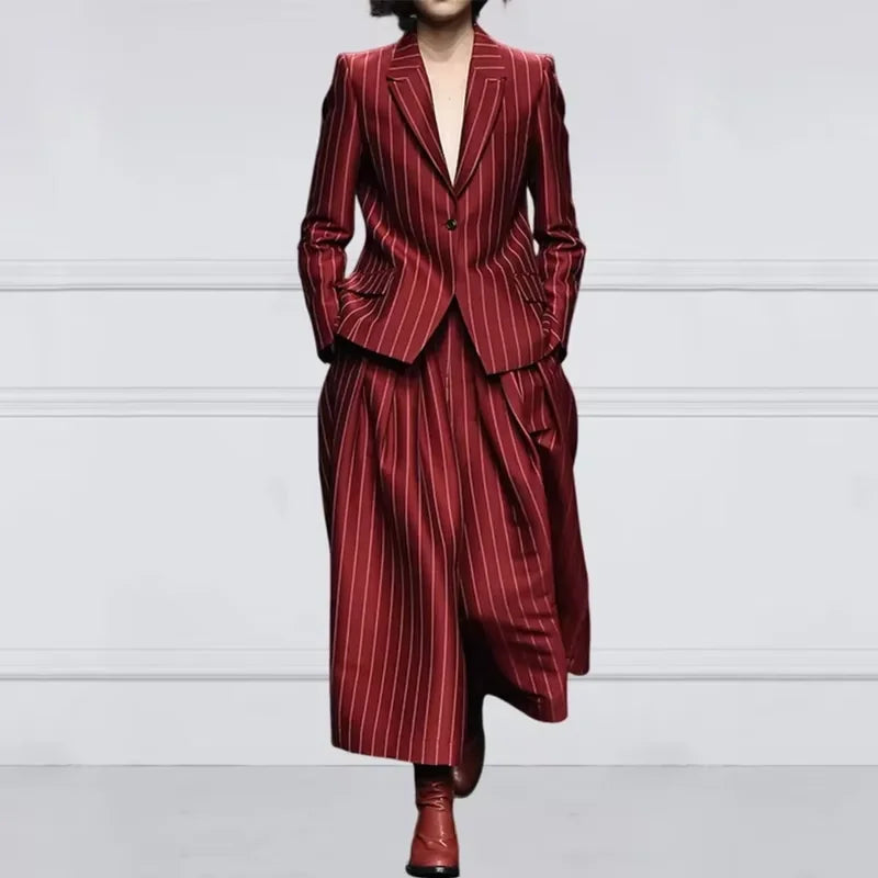 Beautyblue Blazer Set Women's Trouser Suit Outerwear Striped Trousers New Vintage Loose Wide Leg Long Sleeves Suit Costume Femme