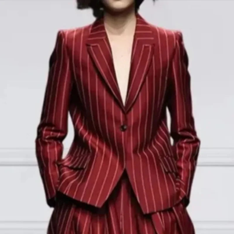 Beautyblue Blazer Set Women's Trouser Suit Outerwear Striped Trousers New Vintage Loose Wide Leg Long Sleeves Suit Costume Femme