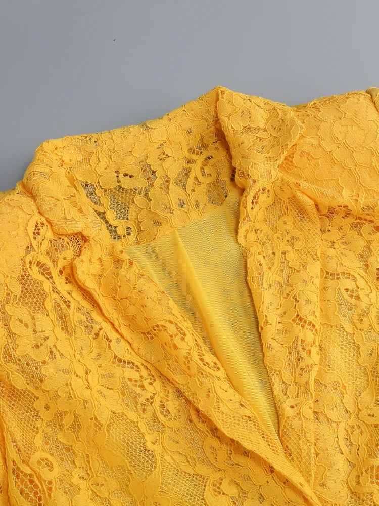Women Lace Suit 3 Piece Set Sexy Yellow Short Top + Single Button Blazer + Shorts Sets Jacket Coat Suits Party Evening Cocktail