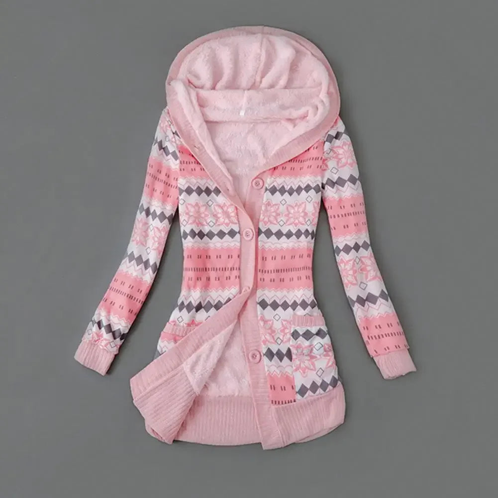 Women Cardigan Striped Print Long Sleeve Sweater Coat Buttons Closure Hooded Plush Lining Sweater Outerwear For Autumn Winter