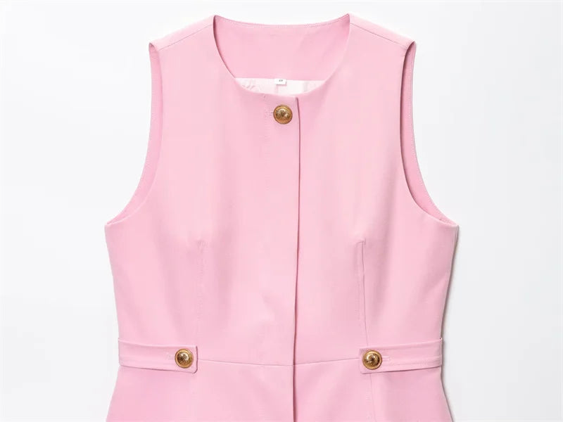Chic Pink 2-Piece Casual Set - Flared Hem Vest & Wide Leg Pants