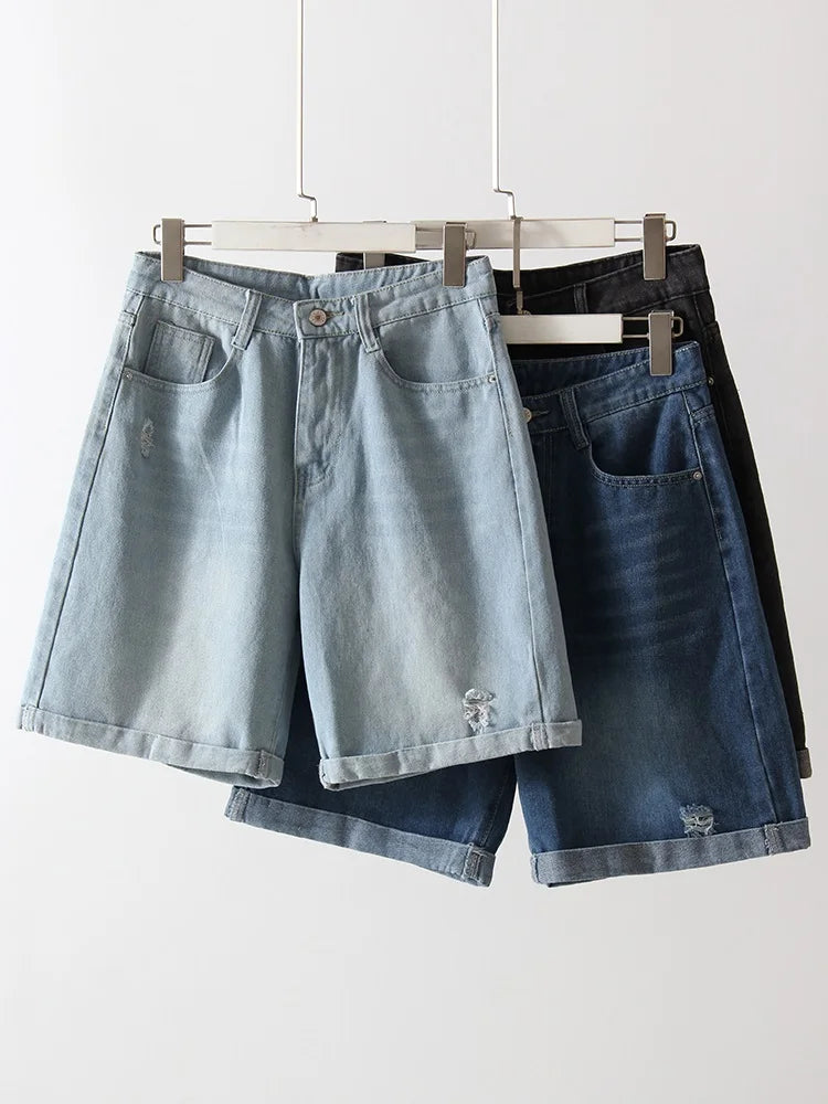 Women Denim Shorts Ripped Wide Leg Black High Waist Short Jeans Straight Leg Blue Denim Shorts For Women Summer Jean Shorts