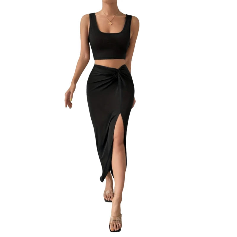 Summer Women's Suit Women's Party Style Sexy Separate Matching Dress Sleeveless Square Collar Vest Top Side Slit Long Skirt Suit