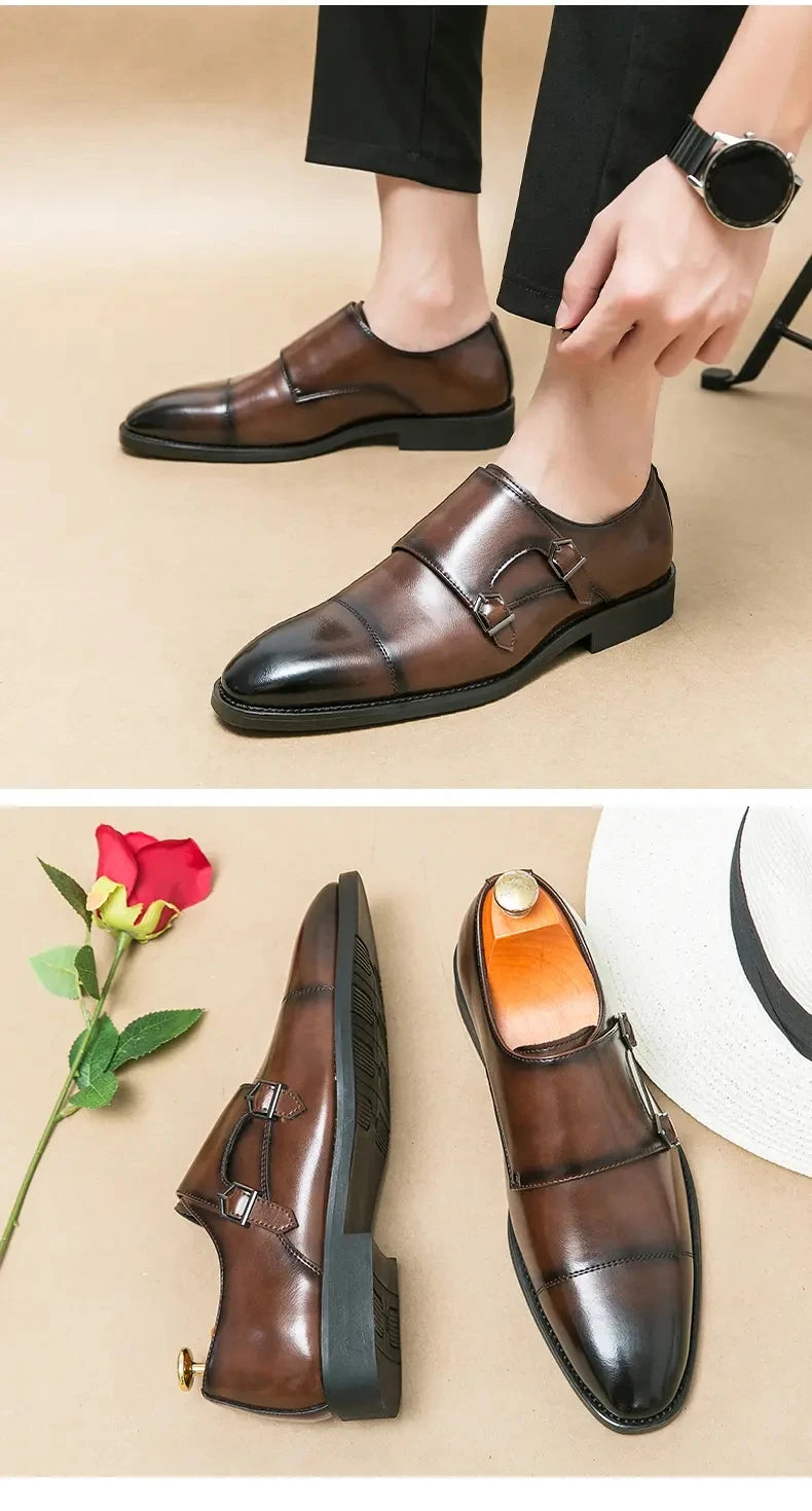Men Business Dress Shoes Black Brown Side Double Button Leather Shoes European Fashion Versatile Suit Le Fu Shoes Size 38-46