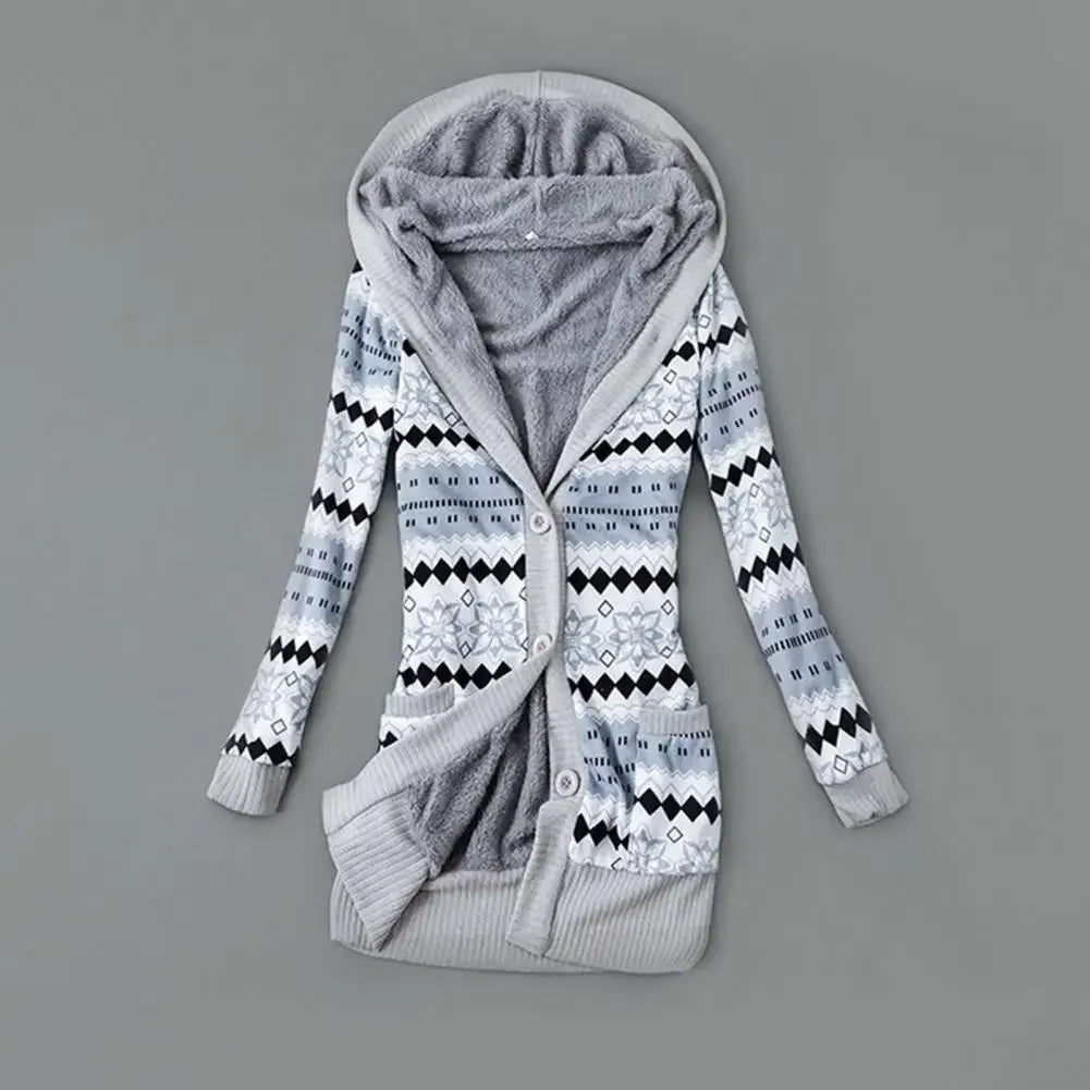 Women Cardigan Striped Print Long Sleeve Sweater Coat Buttons Closure Hooded Plush Lining Sweater Outerwear For Autumn Winter