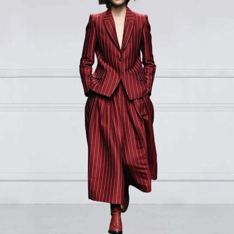 Beautyblue Blazer Set Women's Trouser Suit Outerwear Striped Trousers New Vintage Loose Wide Leg Long Sleeves Suit Costume Femme