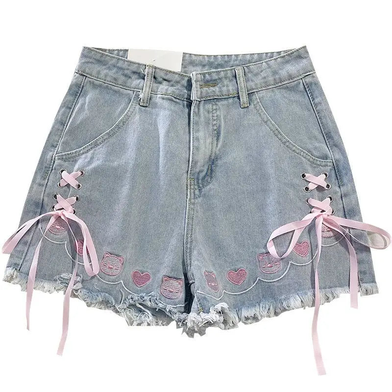Japanese Denim Shorts Women 2025 New Bottoms Hig Waist Embroidery Bandage Pants Tunic Cute Shorts Pantalones Cortos De Mujer
