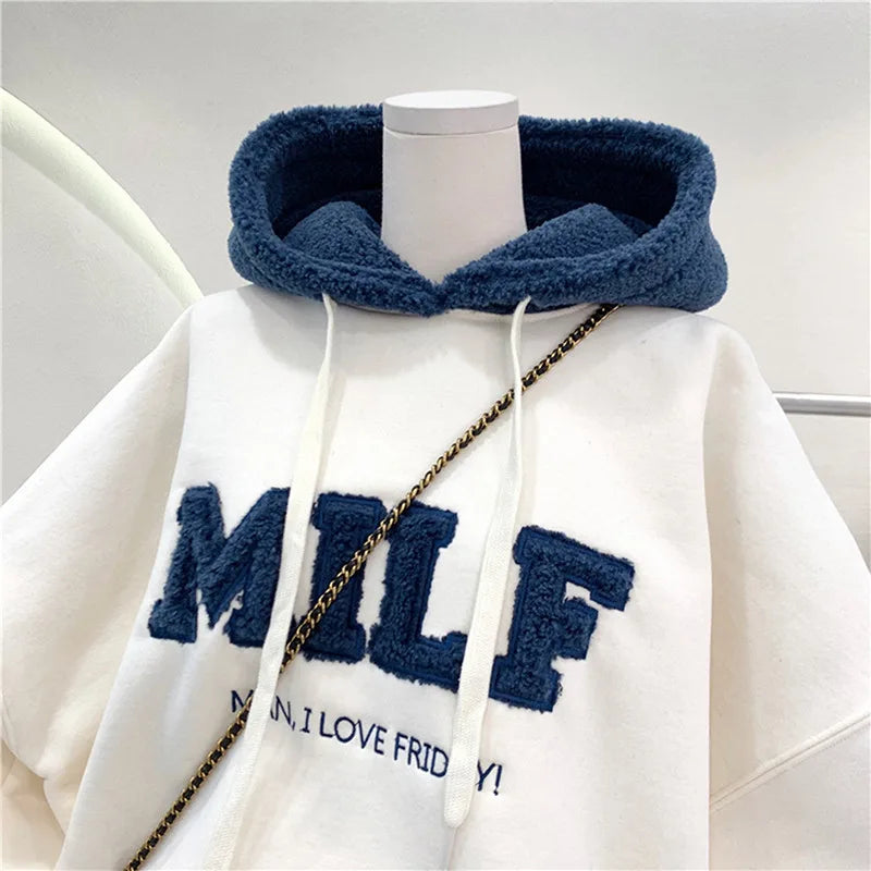 Fashion Patchwork Oversize Sweatshirt Women Winter Casual Loose Cotton Thick Letter Long Sleeve Hoodies Female Streetwear