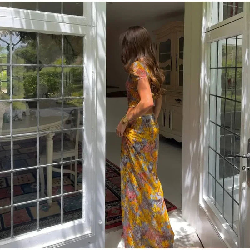Women Elegant Printing Skirt Suit Chic Round Neck Half Sleeve Top High Waist Slim Fit 2-piece Set 2025 New Summer Fashion Outfit