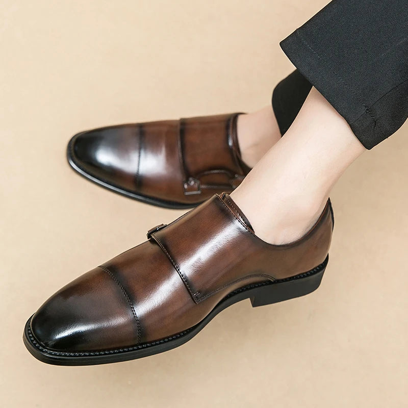 Men Business Dress Shoes Black Brown Side Double Button Leather Shoes European Fashion Versatile Suit Le Fu Shoes Size 38-46