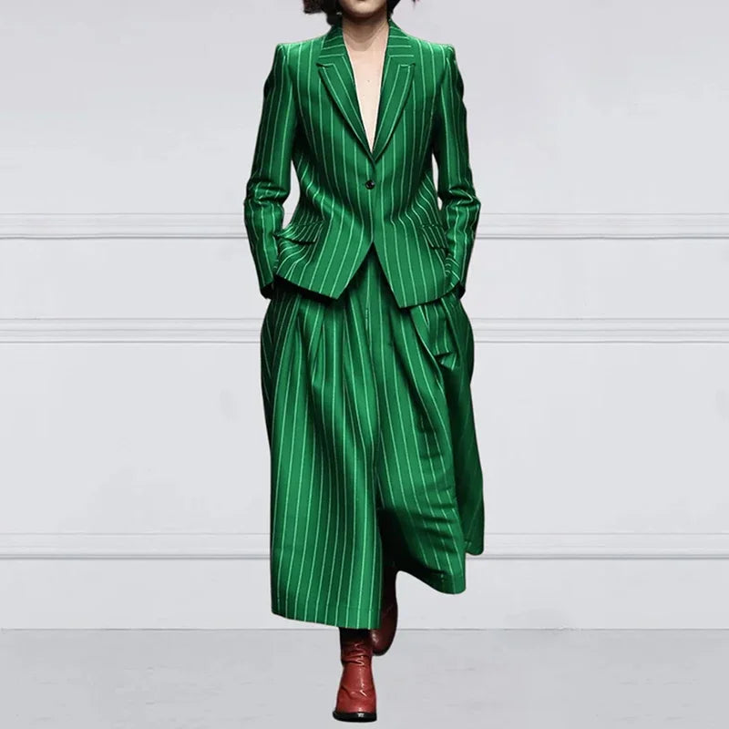 Beautyblue Blazer Set Women's Trouser Suit Outerwear Striped Trousers New Vintage Loose Wide Leg Long Sleeves Suit Costume Femme