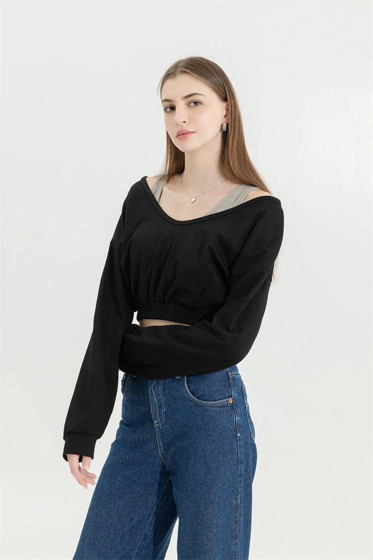 Woman Sweatshirt Hoodies Fashion Female Chic Loose Casual Streetwear Patchwork Ins Street Y2K Fake Two Pieces Hoodies Crop Top