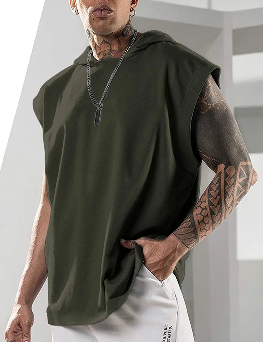 2025 Men Tank Top Fitness Training Pullover Leisure Fashion Sleeve Men's Hooded Vest Solid Color Tank Tops For Male