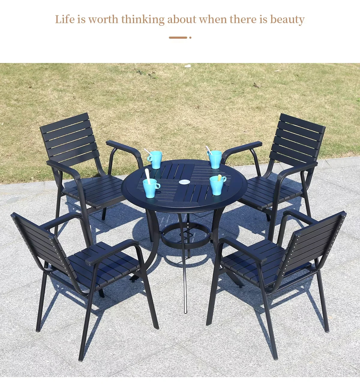 Outdoor Dining Table Modern Garden Table 80cm Wood-plastic Table Fashion Furniture Black Round Coffee Table