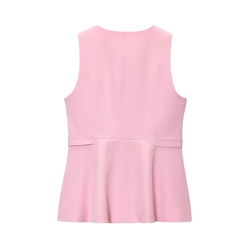 Chic Pink 2-Piece Casual Set - Flared Hem Vest & Wide Leg Pants