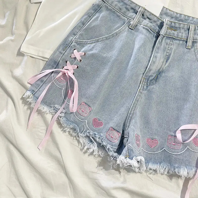 Japanese Denim Shorts Women 2025 New Bottoms Hig Waist Embroidery Bandage Pants Tunic Cute Shorts Pantalones Cortos De Mujer