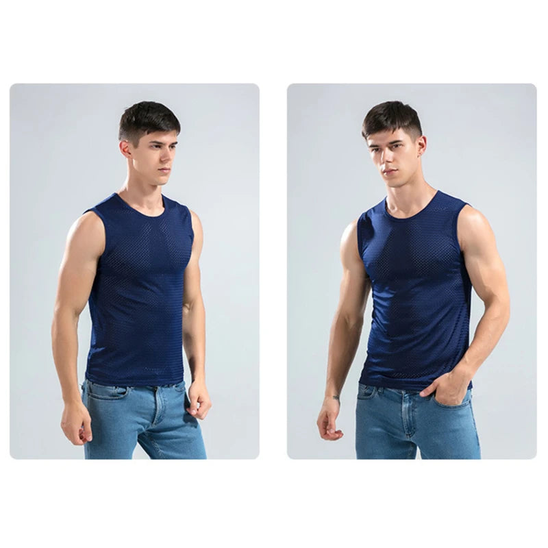 Men Tops Ice Silk Vest Outer Wear Quick-Drying Mesh Hole Breathable Sleeveless T-Shirts Summer Cool Vest Beach Travel Tanks