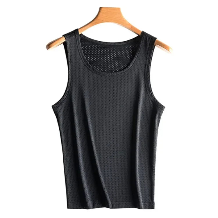 Men Tops Ice Silk Vest Outer Wear Quick-Drying Mesh Hole Breathable Sleeveless T-Shirts Summer Cool Vest Beach Travel Tanks