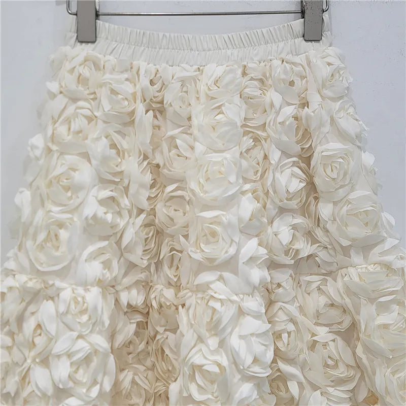 Skirt for Women 2025 Summer Versatile Three Dimensional Flower Mid-calf Skirt High Waist Big Swing Fashion A-line Long Skirts