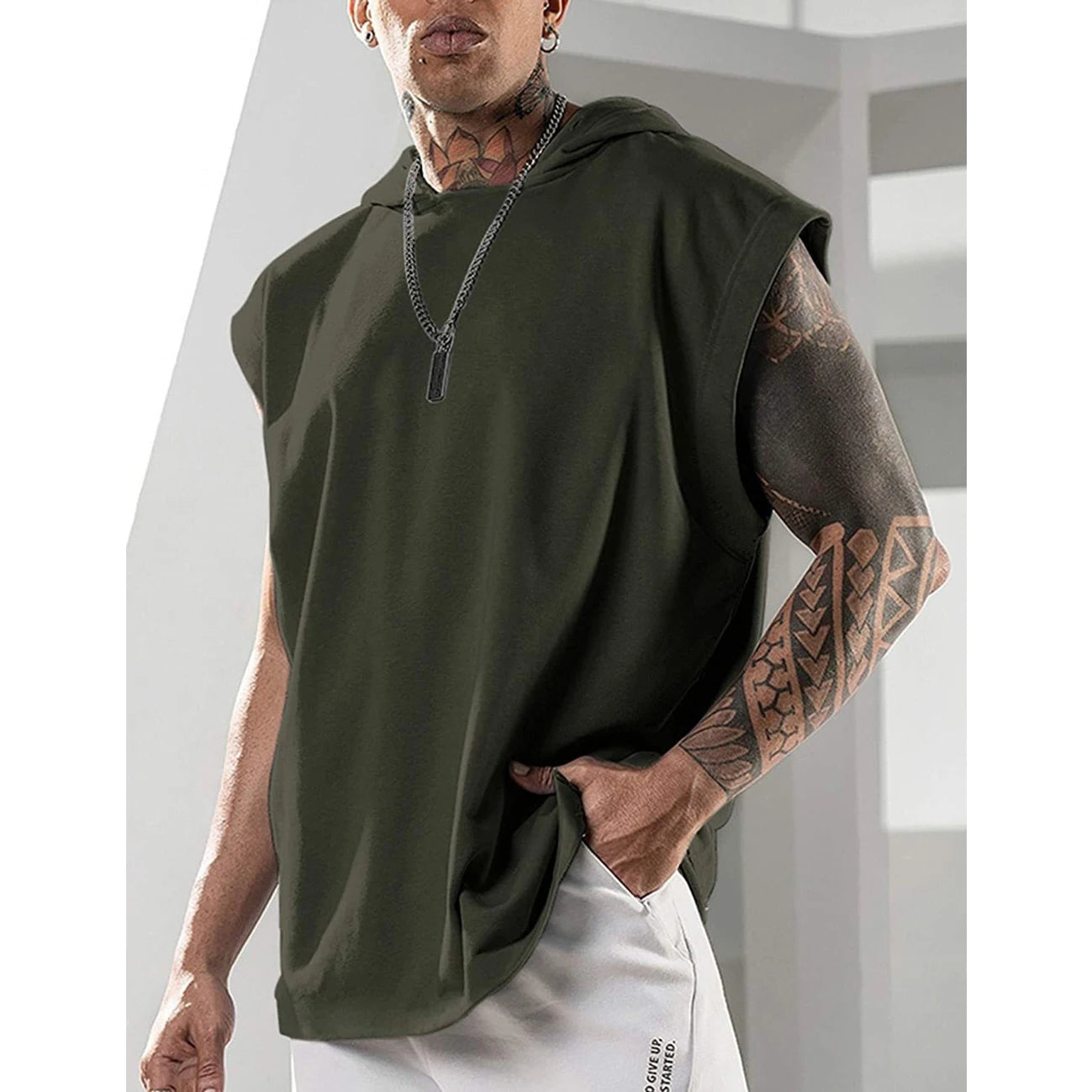 2025 Men Tank Top Fitness Training Pullover Leisure Fashion Sleeve Men's Hooded Vest Solid Color Tank Tops For Male
