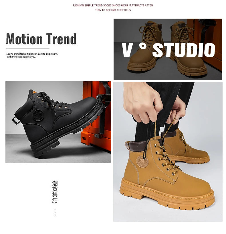 Men's high top boots four season outdoor work shoes anti slip and comfortable yellow boots fashion British casual leather boots