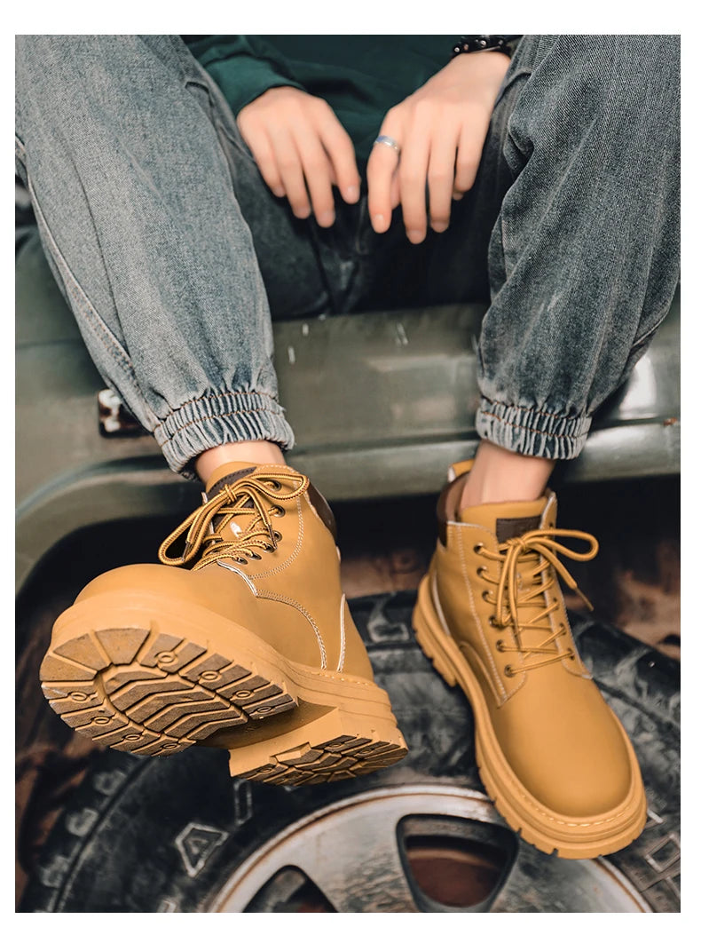 Men's high top boots four season outdoor work shoes anti slip and comfortable yellow boots fashion British casual leather boots