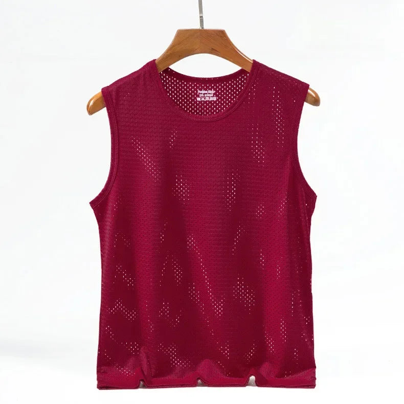 Men Tops Ice Silk Vest Outer Wear Quick-Drying Mesh Hole Breathable Sleeveless T-Shirts Summer Cool Vest Beach Travel Tanks