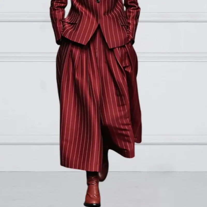 Beautyblue Blazer Set Women's Trouser Suit Outerwear Striped Trousers New Vintage Loose Wide Leg Long Sleeves Suit Costume Femme