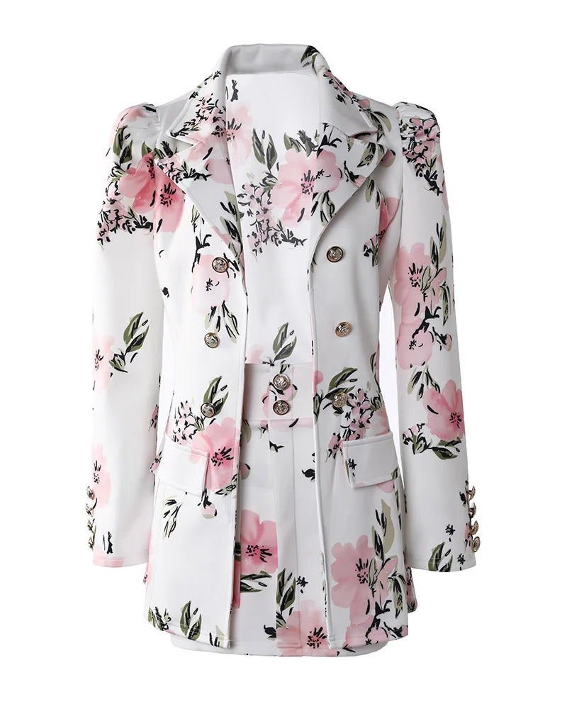 Fashion Versatile Matching Suit and Skirt Women's Casual Floral Print Puff Sleeve Blazer Coat & Skirt Set Ladies Two Piece Suit