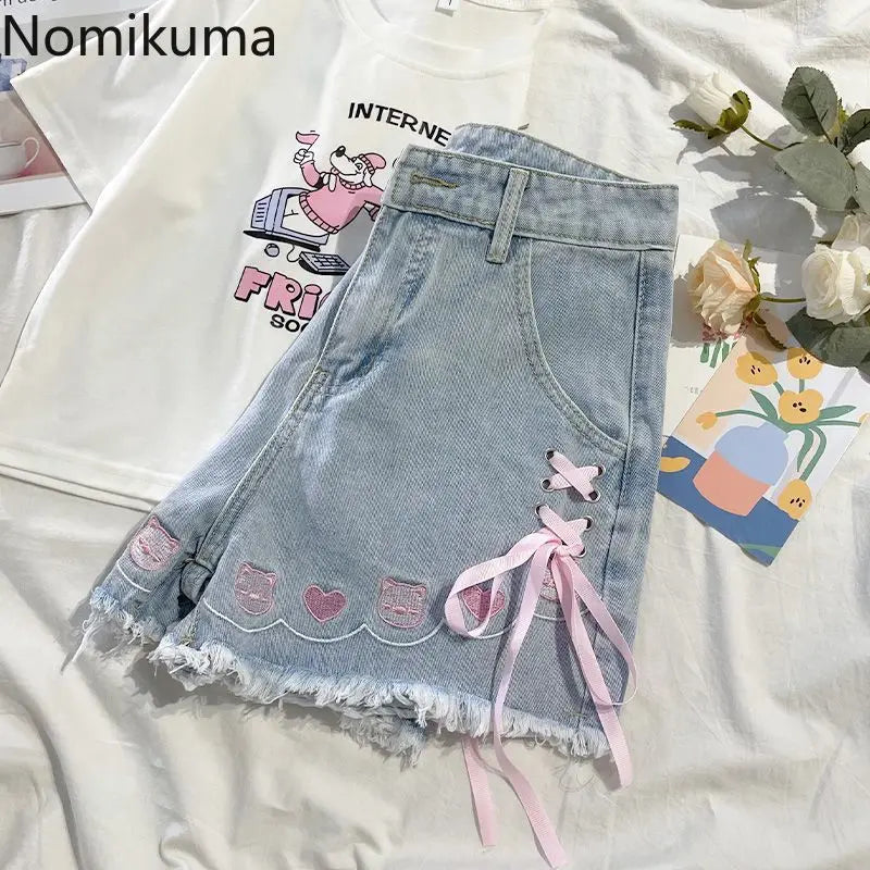 Japanese Denim Shorts Women 2025 New Bottoms Hig Waist Embroidery Bandage Pants Tunic Cute Shorts Pantalones Cortos De Mujer