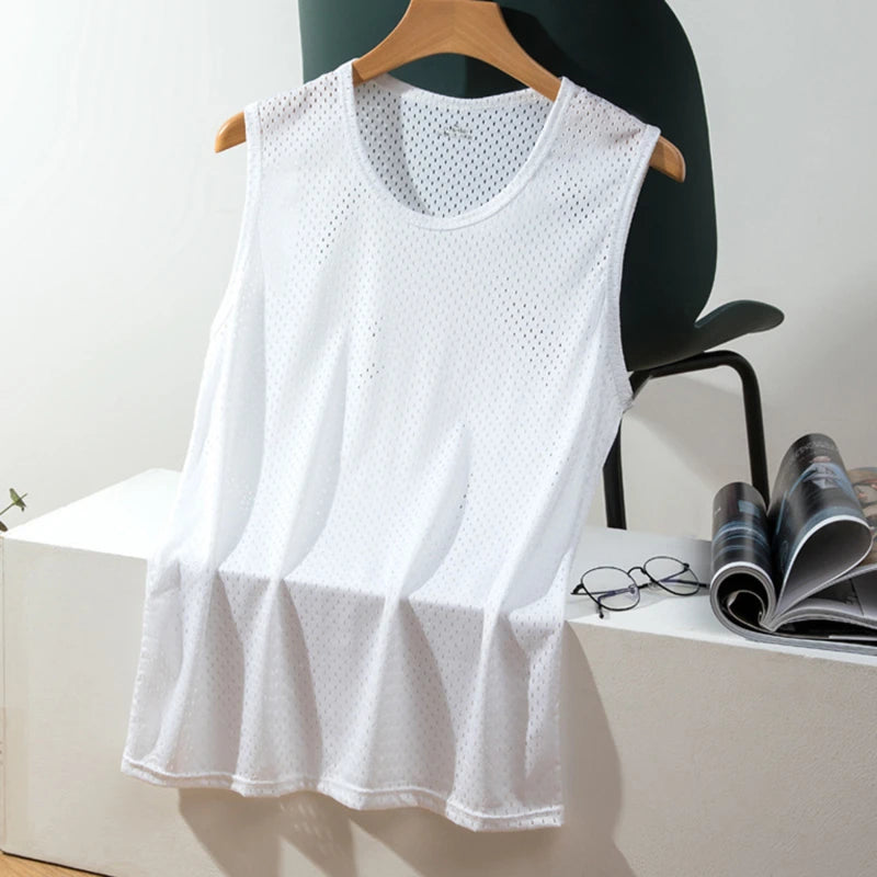 Men Tops Ice Silk Vest Outer Wear Quick-Drying Mesh Hole Breathable Sleeveless T-Shirts Summer Cool Vest Beach Travel Tanks