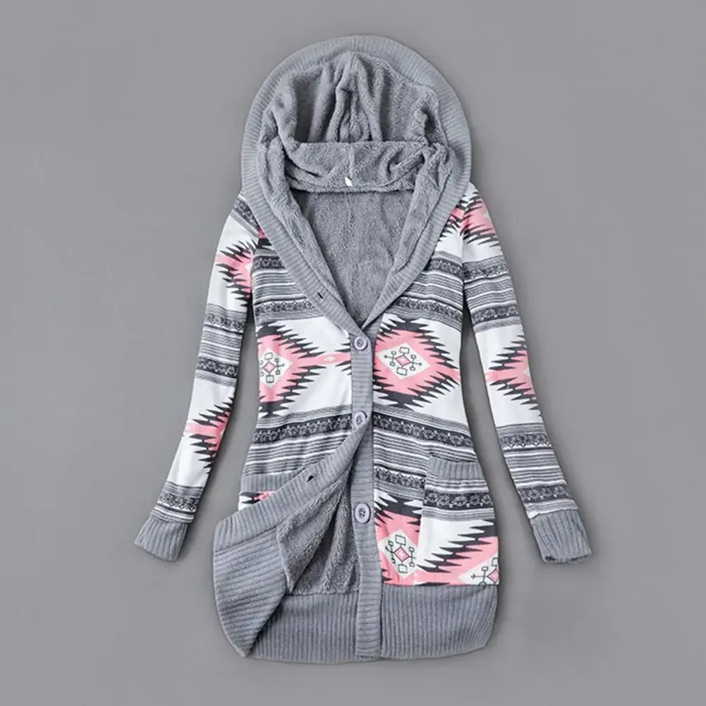Women Cardigan Striped Print Long Sleeve Sweater Coat Buttons Closure Hooded Plush Lining Sweater Outerwear For Autumn Winter