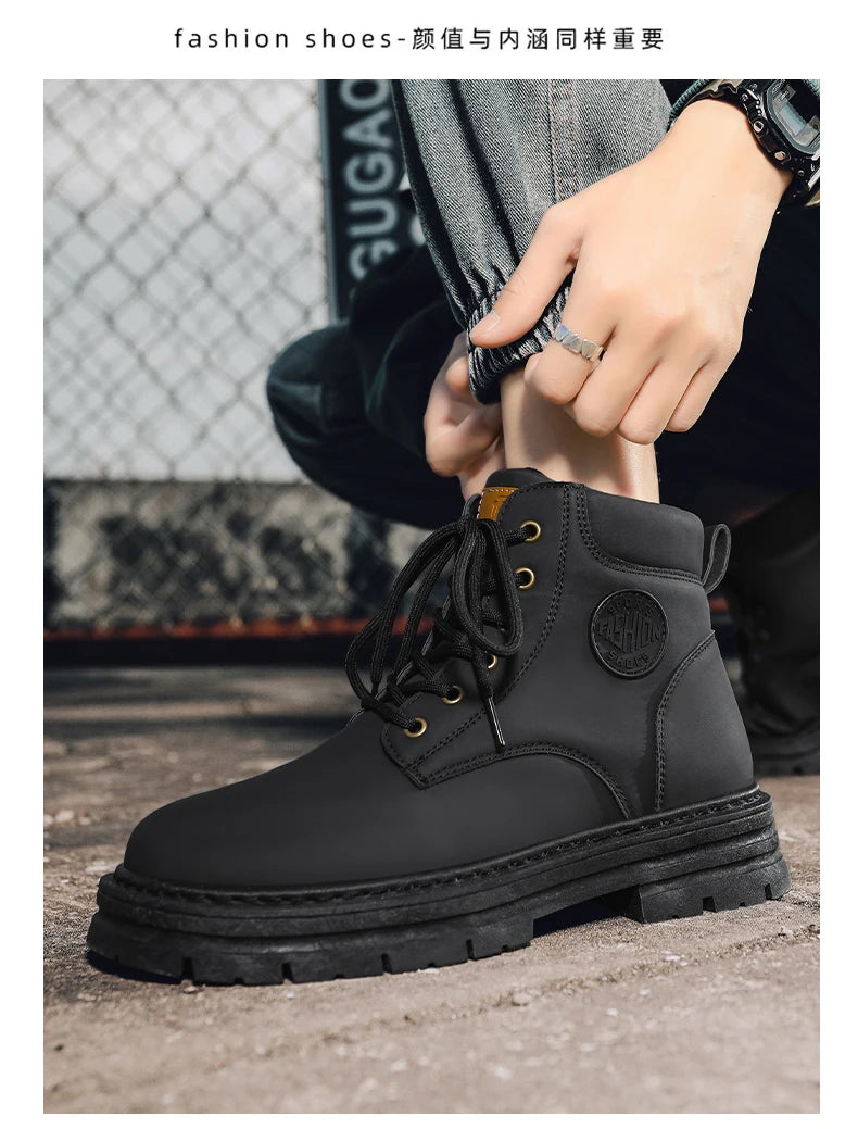 Men's high top boots four season outdoor work shoes anti slip and comfortable yellow boots fashion British casual leather boots