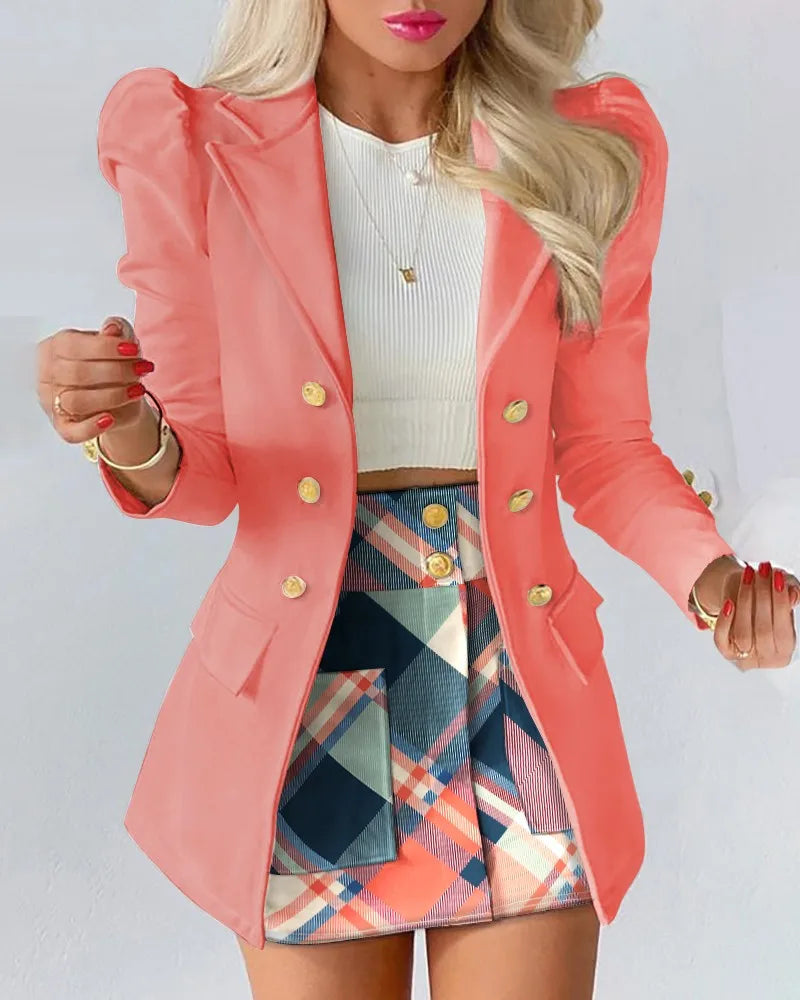 Fashion Versatile Matching Suit and Skirt Women's Casual Floral Print Puff Sleeve Blazer Coat & Skirt Set Ladies Two Piece Suit