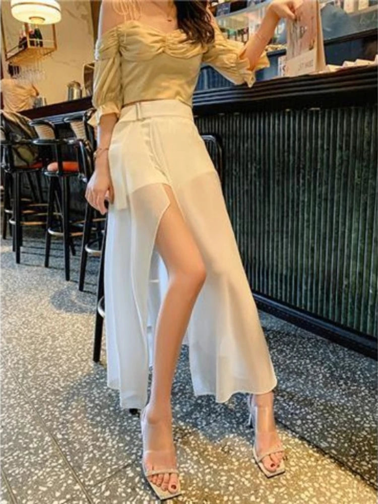 White Skirts for Women Temperament Summer Jupe 2025 Faldas Mujer De Moda High Waist Patchwork Chiffon Skirt Chic Korean Saia