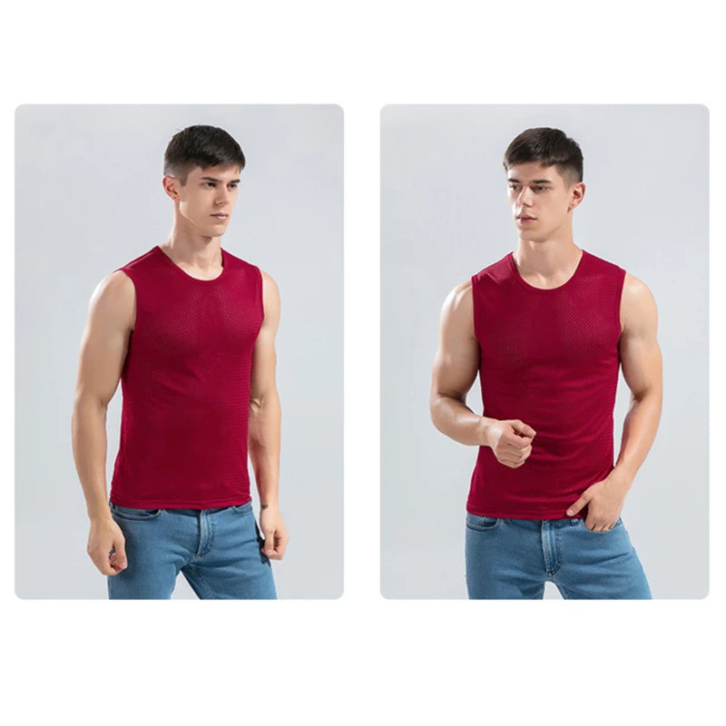 Men Tops Ice Silk Vest Outer Wear Quick-Drying Mesh Hole Breathable Sleeveless T-Shirts Summer Cool Vest Beach Travel Tanks