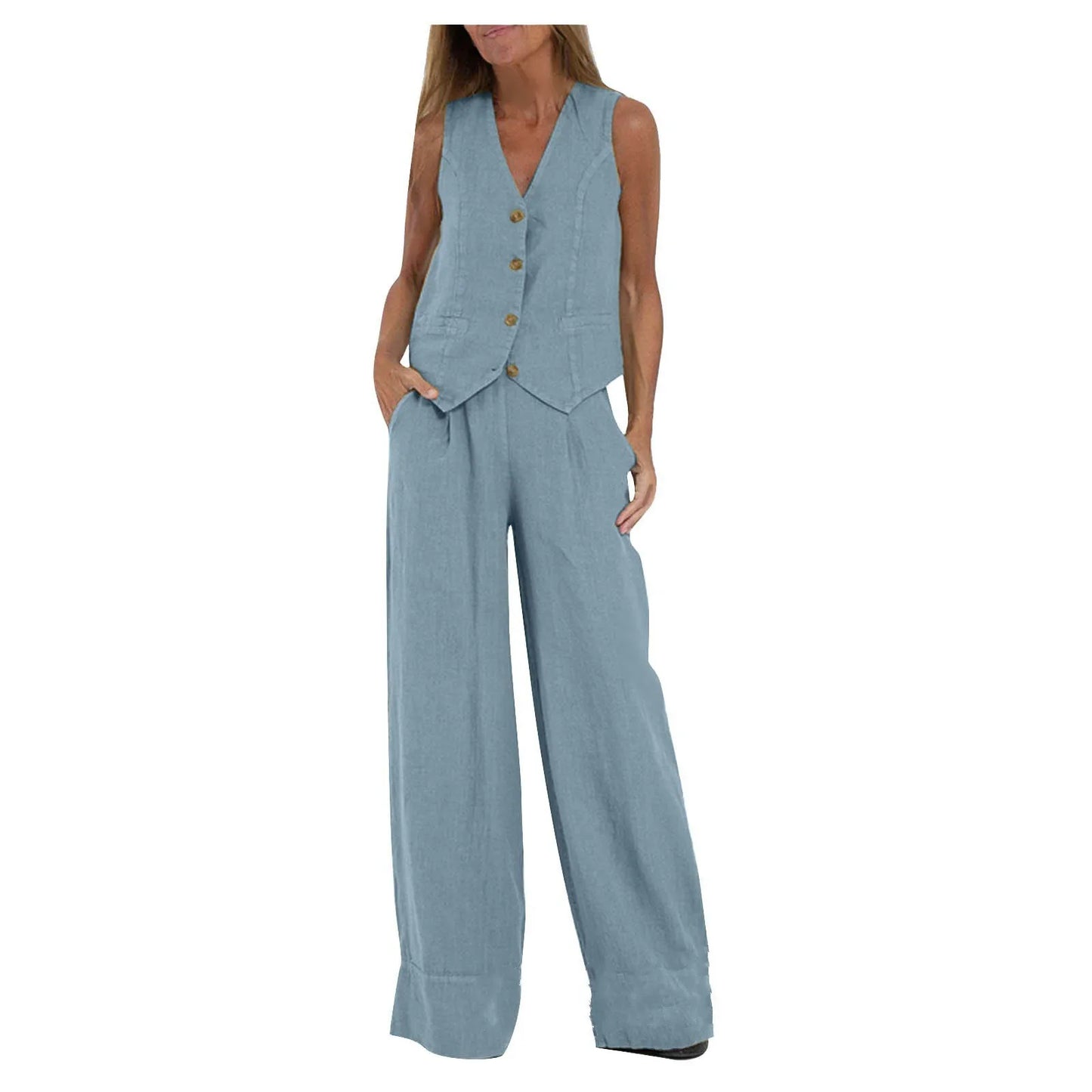 Trendy Vest & Pants Suit Set - Sleeveless 2-Piece with Color Block Stitching