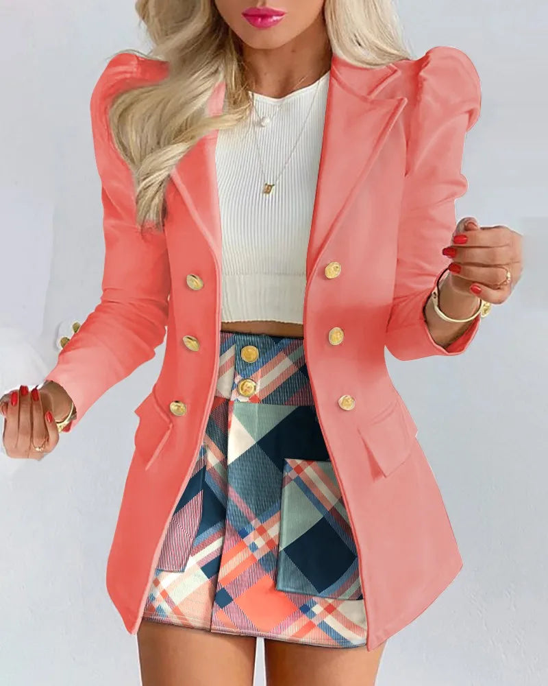 Fashion Versatile Matching Suit and Skirt Women's Casual Floral Print Puff Sleeve Blazer Coat & Skirt Set Ladies Two Piece Suit
