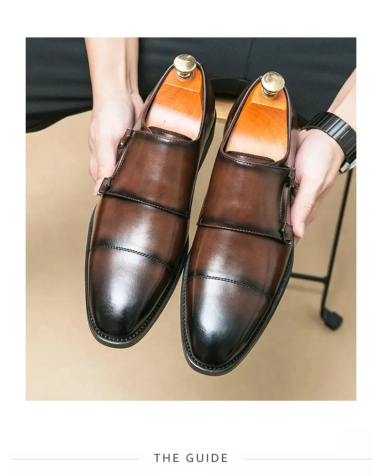 Men Business Dress Shoes Black Brown Side Double Button Leather Shoes European Fashion Versatile Suit Le Fu Shoes Size 38-46