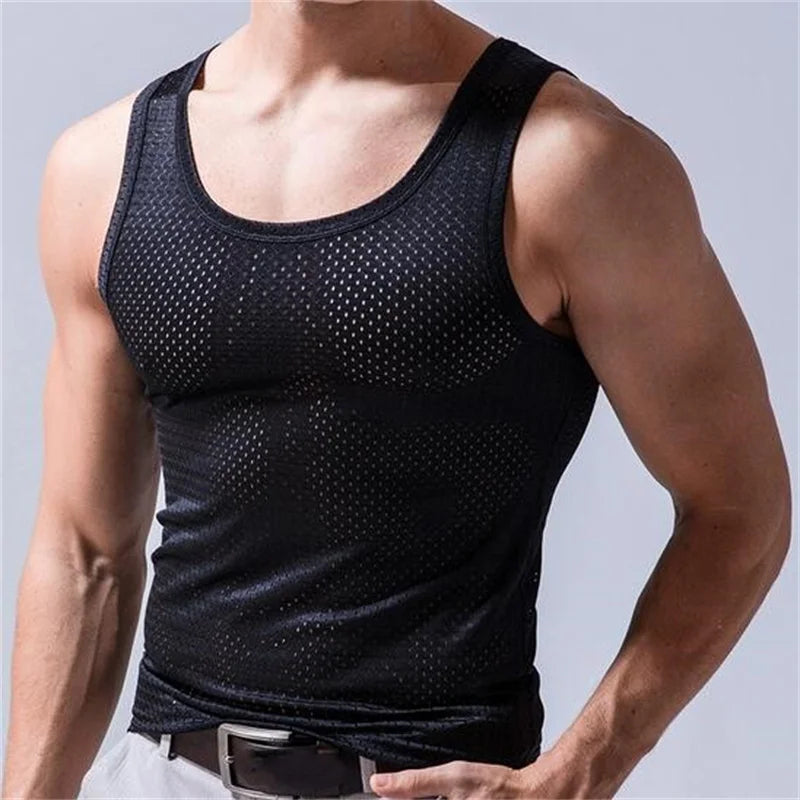 Men Tops Ice Silk Vest Outer Wear Quick-Drying Mesh Hole Breathable Sleeveless T-Shirts Summer Cool Vest Beach Travel Tanks