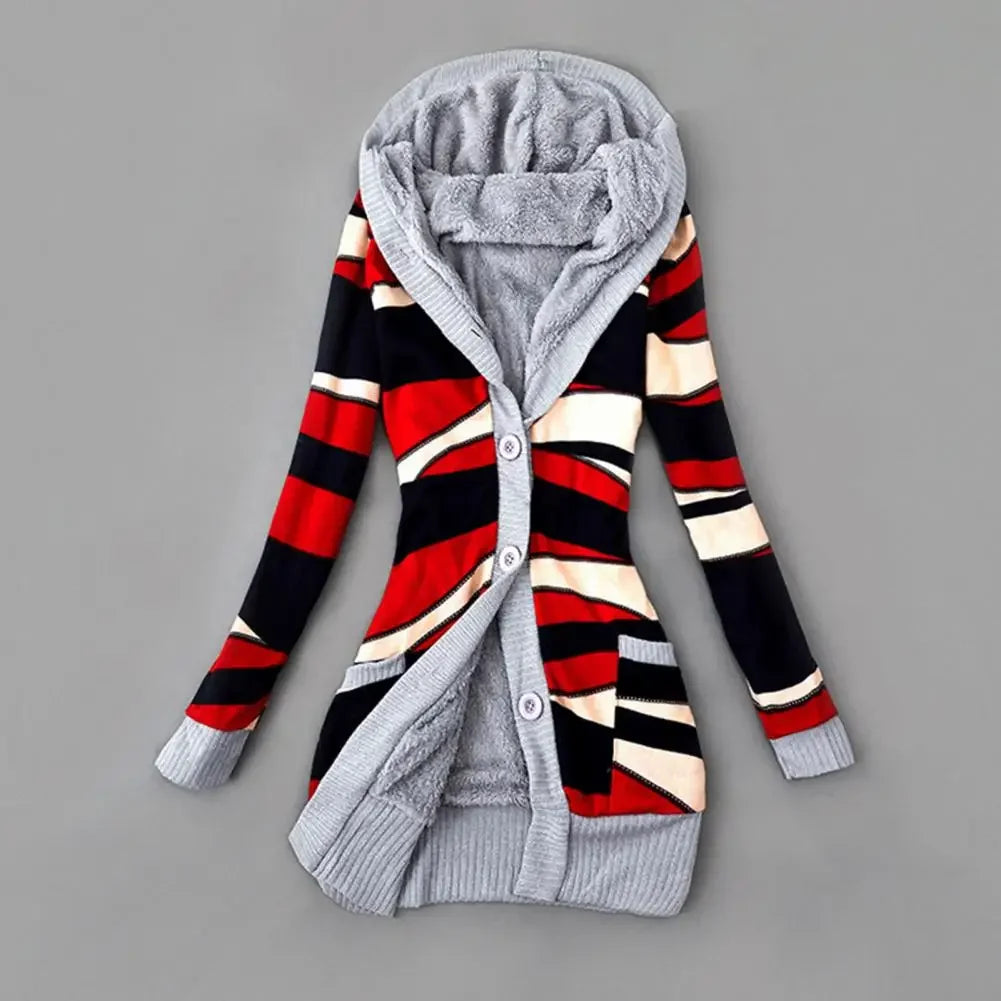 Women Cardigan Striped Print Long Sleeve Sweater Coat Buttons Closure Hooded Plush Lining Sweater Outerwear For Autumn Winter