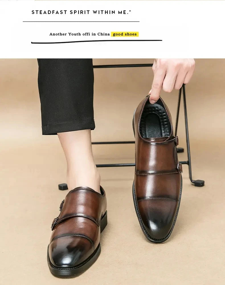 Men Business Dress Shoes Black Brown Side Double Button Leather Shoes European Fashion Versatile Suit Le Fu Shoes Size 38-46