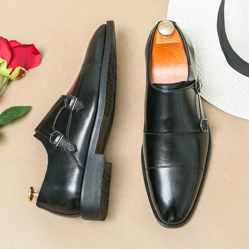 Men Business Dress Shoes Black Brown Side Double Button Leather Shoes European Fashion Versatile Suit Le Fu Shoes Size 38-46